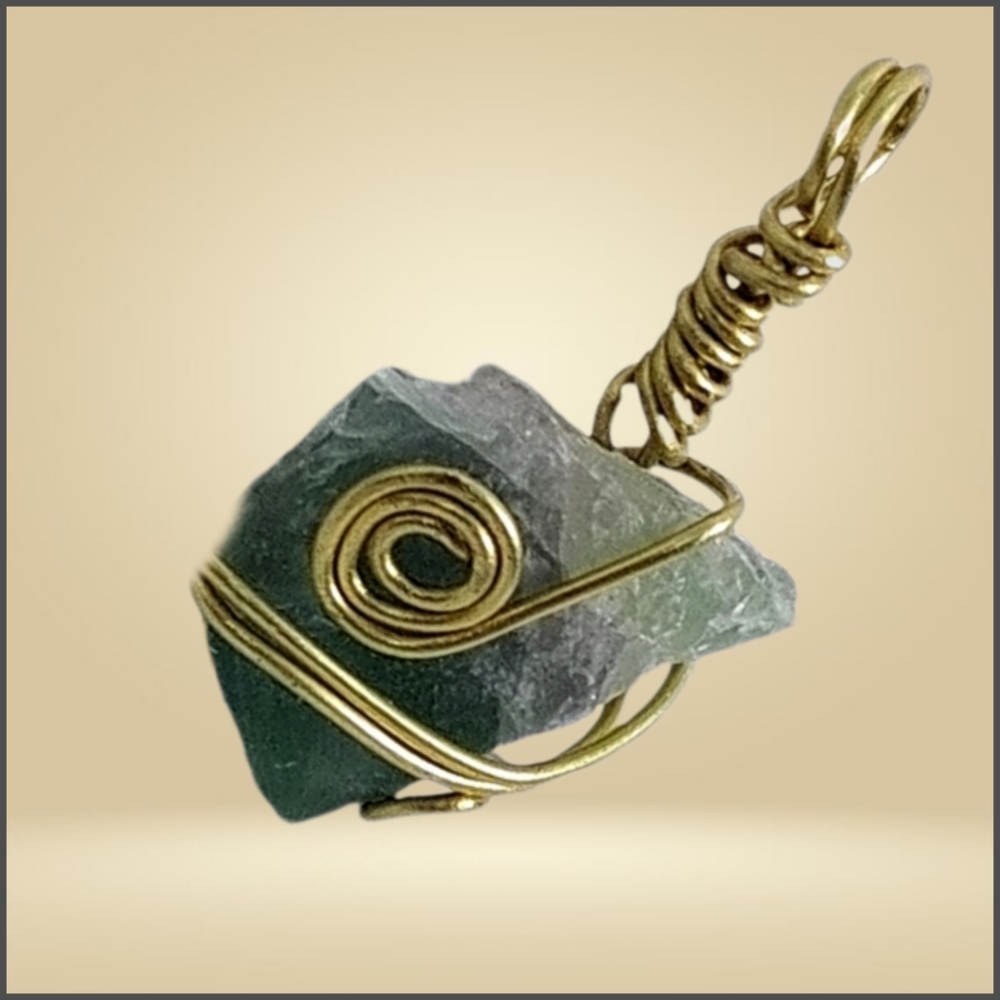 Raw Green Fluorite Gemstone Hand Wired Wrapped Pendant NWOT